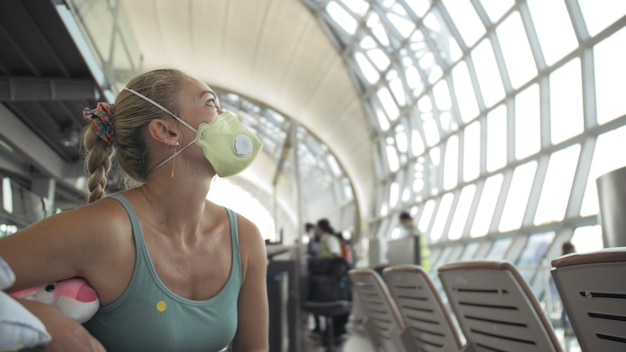 Donna caucasica in aeroporto con maschera medica protettiva sulla testa sullo sfondo dell'aereo Concetto salute sicurezza protezione virus coronavirus epidemia sarscov2 covid19 2019ncov