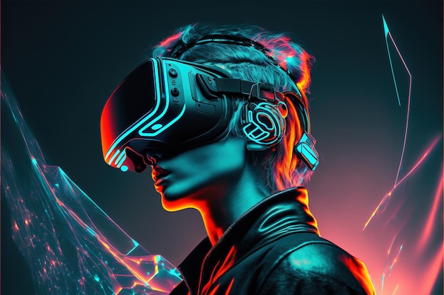 Donna caucasica in futuristica cuffia vr e rete luminosa creata utilizzando la tecnologia generativa ai