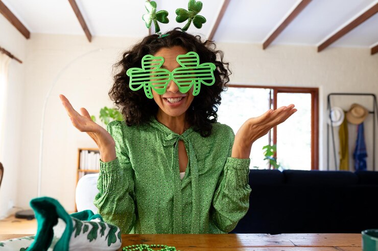 Foto donna caucasica vestita di verde con occhiali di trifoglio che fa la videochiamata del giorno di san patrizio