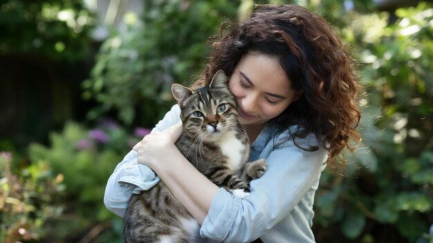 Donna che abbraccia un gatto in giardino