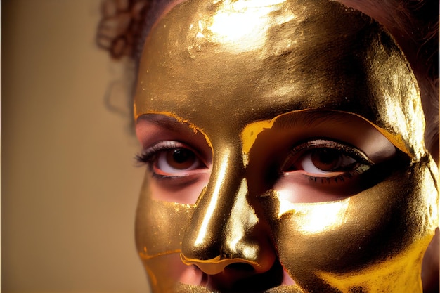 Donna che applica la maschera facciale dorata