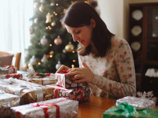 Donna che avvolge i regali con carta da regalo a tema festivo