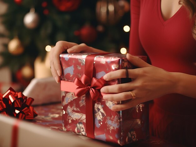 Donna che avvolge i regali con carta da regalo a tema festivo