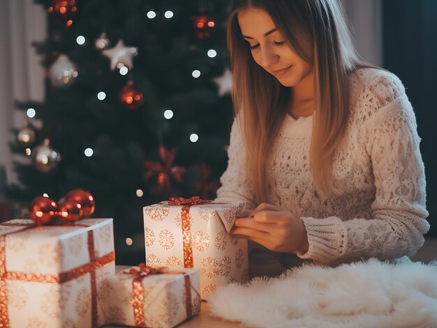 Donna che avvolge i regali con carta da regalo a tema festivo