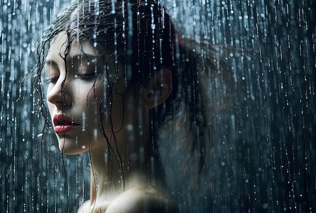donna che bagna i capelli in un ambiente trasparente nello stile del vetro contemporaneo fradicio con texture figurata