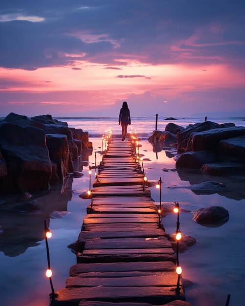 Donna che cammina al tramonto su un molo marino decorato con lampadine Fuggita dalla realtà