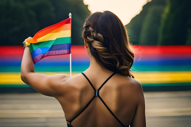 Donna che cammina con il giorno dell'orgoglio della bandiera lgbtq Creato con la tecnologia Ai generativa