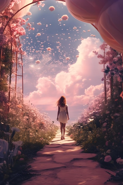 donna che cammina godendo della vista del giardino di fiori primaverili