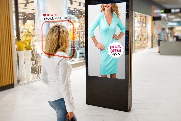 Donna che cammina in negozio mentre lo schermo pubblicitario dell'intelligenza artificiale mostra un'offerta personalizzata