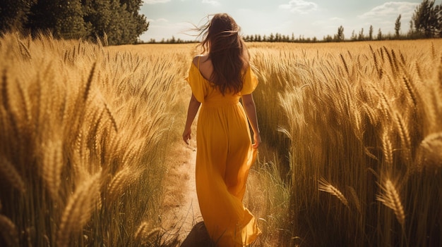 Donna che cammina in un campo di grano