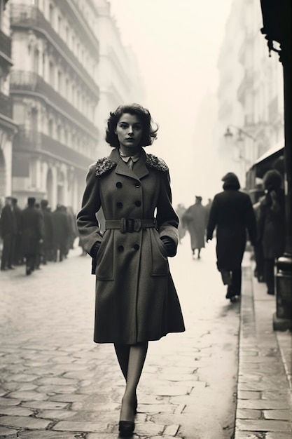 donna che cammina per Parigi nel 1950 vintage monocromatico