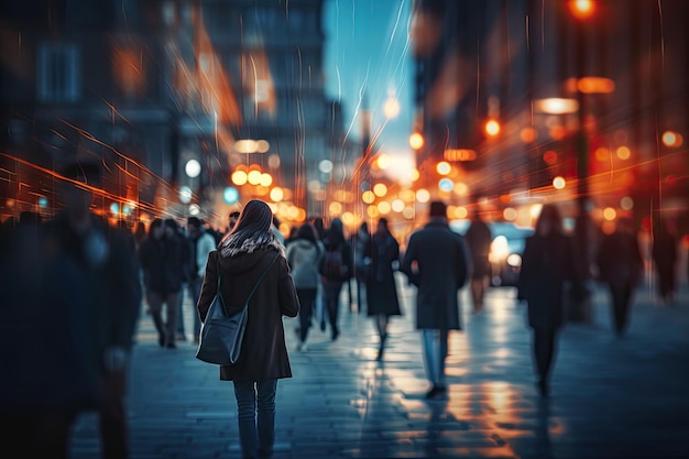 Donna che cammina per strada di notte in città Sfondo sfocato Folla di persone che camminano in città di notte Sfondo sfocato generato dall'intelligenza artificiale