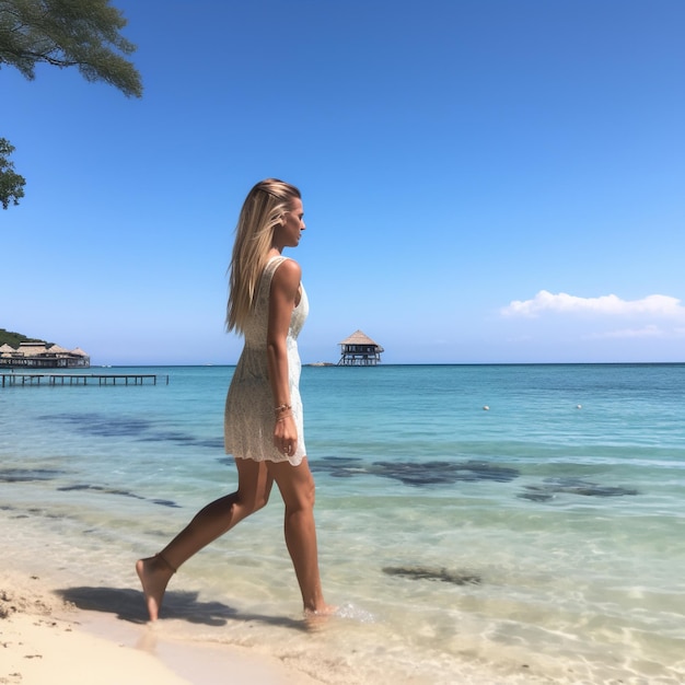 Donna che cammina su una spiaggia con un vestito bianco