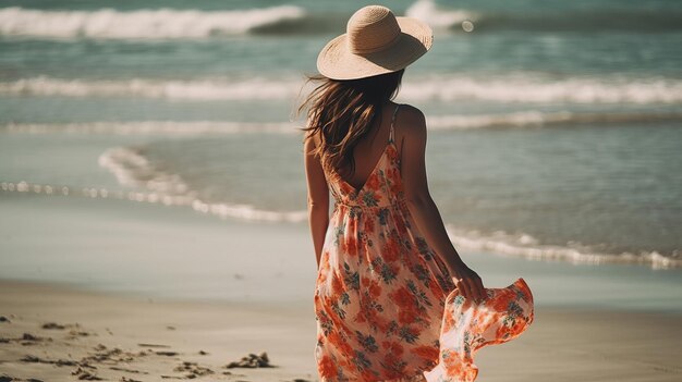 Donna che cammina sulla spiaggia soleggiata mare AI generato