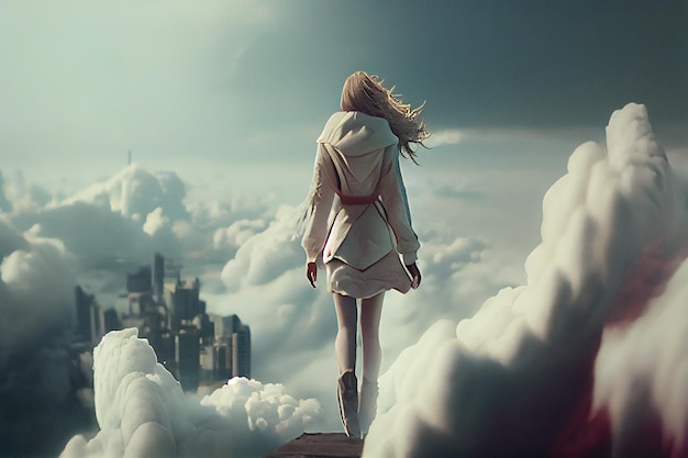 Donna che cammina sulle nuvole generative ai