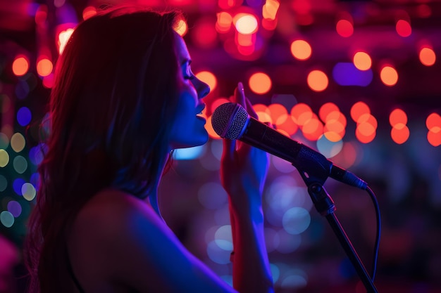 Donna che canta di notte in un karaoke bar