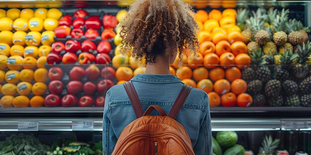 Donna che compra prodotti freschi in un negozio di alimentari colorato che fa scelte salutari Concetto Mangiare sano Prodotti freschi Shopping di alimentari Colorato Display Stile di vita sano