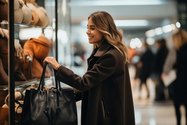 Donna che compra una borsa nera