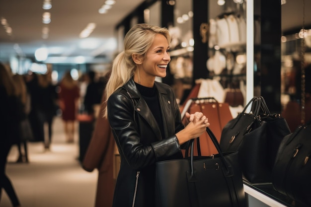 Donna che compra una borsa nera