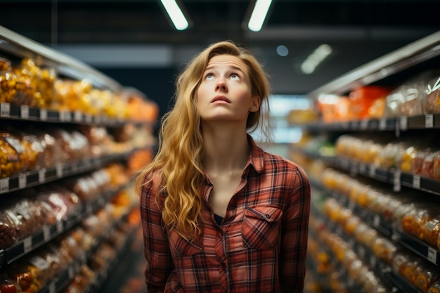 Donna che confronta prodotti negozio di alimentari IA generativa