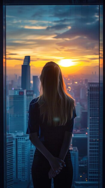 Donna che contempla il paesaggio della città attraverso una finestra al tramonto