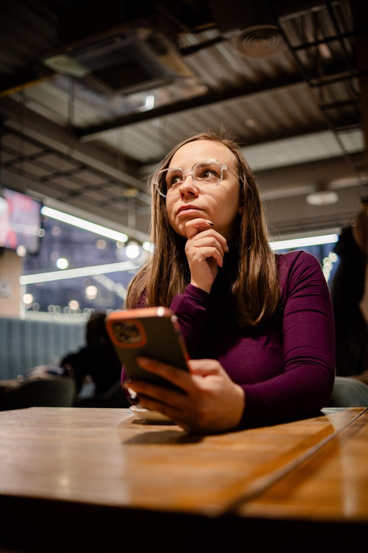Donna che contempla mentre tiene in mano lo smartphone in un caffè