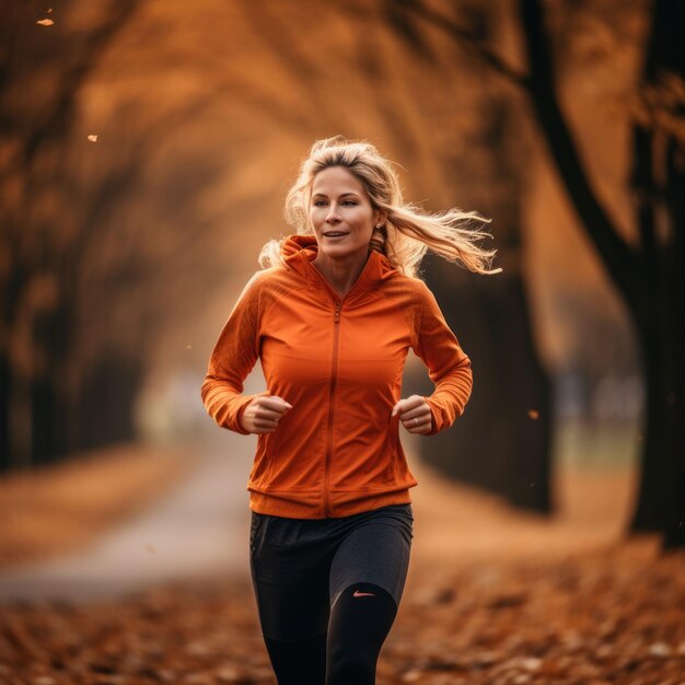 Donna che corre attraverso il parco coperto di foglie