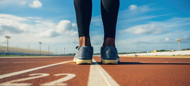 Donna che corre con scarpe sportive sulla pista dello stadio Closeup di un'atleta donna pronta a correre