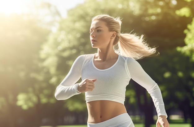 Donna che corre in top corto Corsa mattutina all'aperto in abiti bianchi Genera Ai