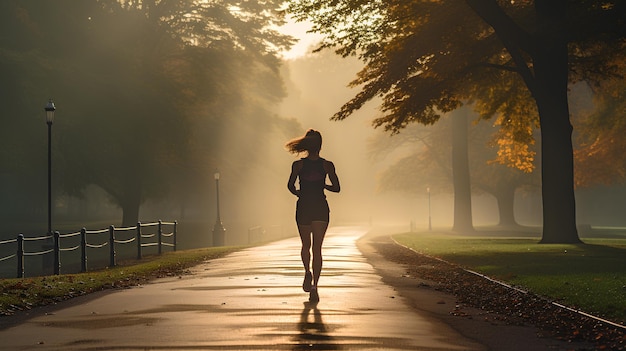 donna che corre nel parco autunnale al tramonto