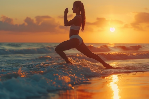 Donna che corre sulla spiaggia al tramonto