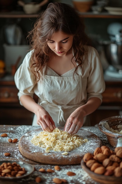 Donna che cucina biscotti con mandorle in cucina