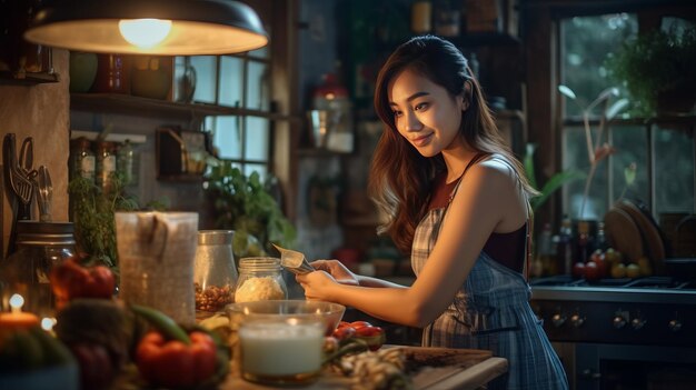 Donna che cucina in cucina Illustrazione AI GenerativexA