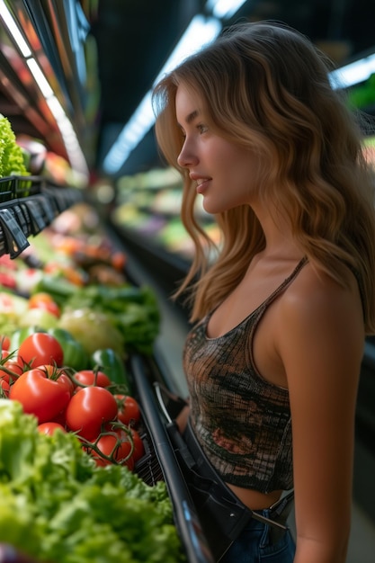 donna che curiosa tra le corsie del negozio di alimentari selezionando attentamente i prodotti freschi per il suo carrello