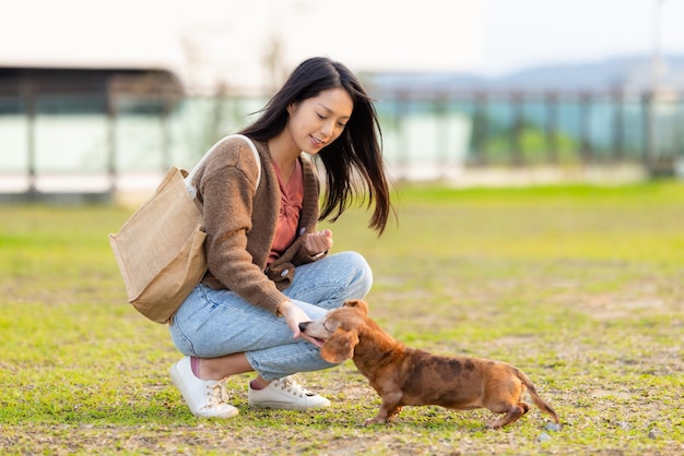 Donna che dà da mangiare al suo cane dachshund al parco