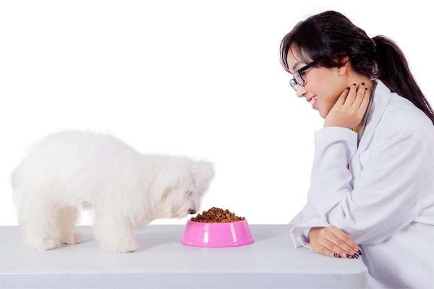 Donna che dà da mangiare al suo cane mentre lo guarda pazientemente