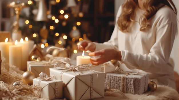 Donna che decora i regali di Natale in tela di lino