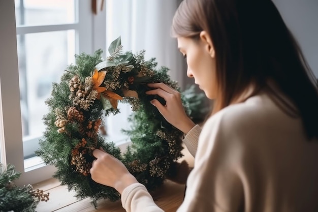 Donna che decora il ritratto di Natale felice Genera Ai