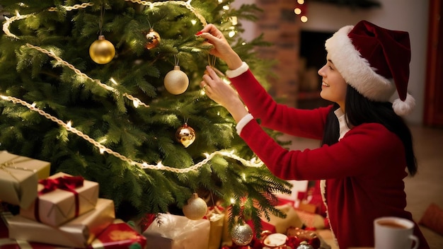 Donna che decora l'albero di Natale