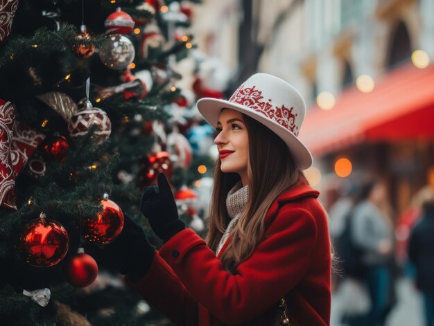 Donna che decora un albero di Natale con ornamenti e luci