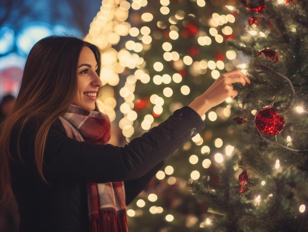 Donna che decora un albero di Natale con ornamenti e luci