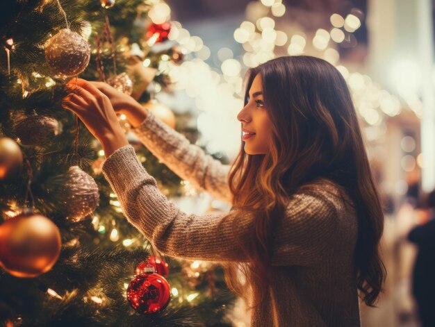 Donna che decora un albero di Natale con ornamenti e luci