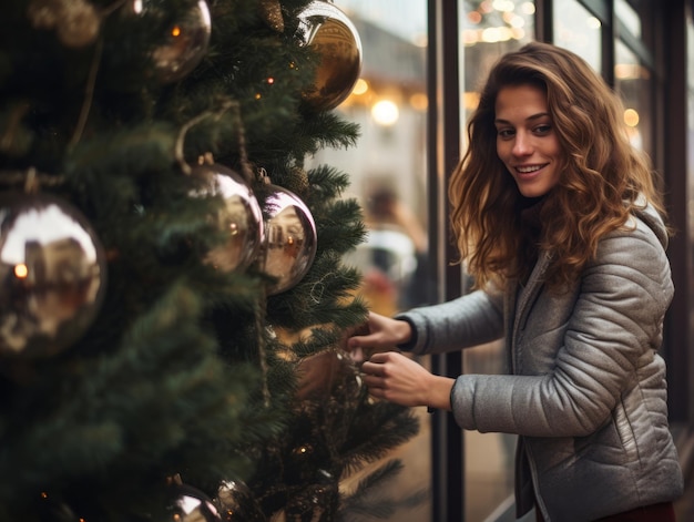 Donna che decora un albero di Natale con ornamenti e luci