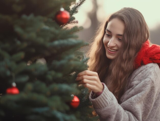 Donna che decora un albero di Natale con ornamenti e luci