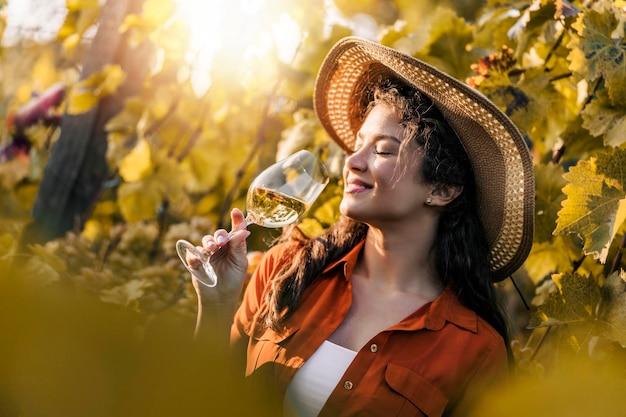 Donna che degusta vino in vigna