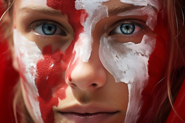 Donna che dimostra devozione con i colori della bandiera danese sul viso