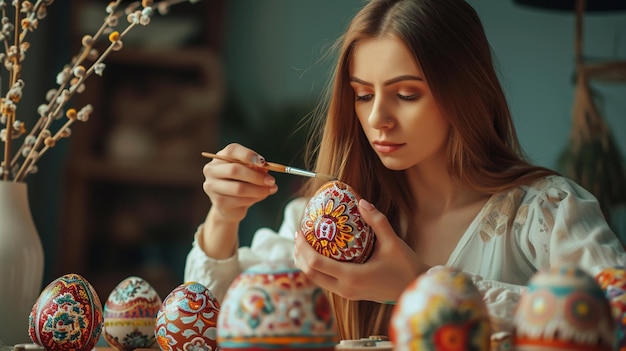 Donna che dipinge le tradizionali uova di Pasqua rumene