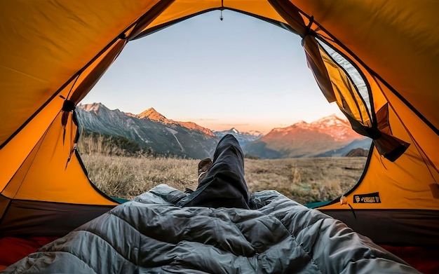 Donna che dorme in una tenda con vista sulla montagna