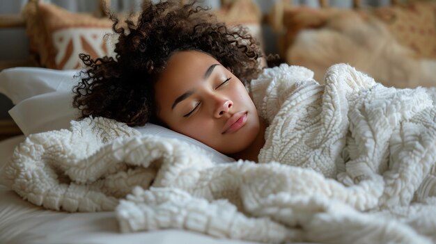 Donna che dorme nel letto con una coperta