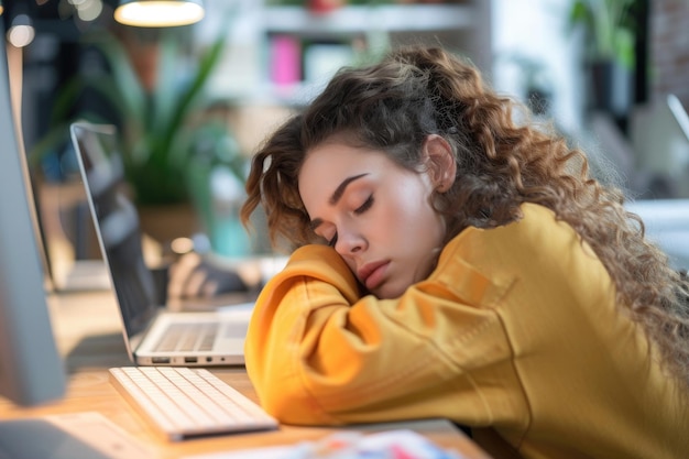 donna che dorme sul suo portatile